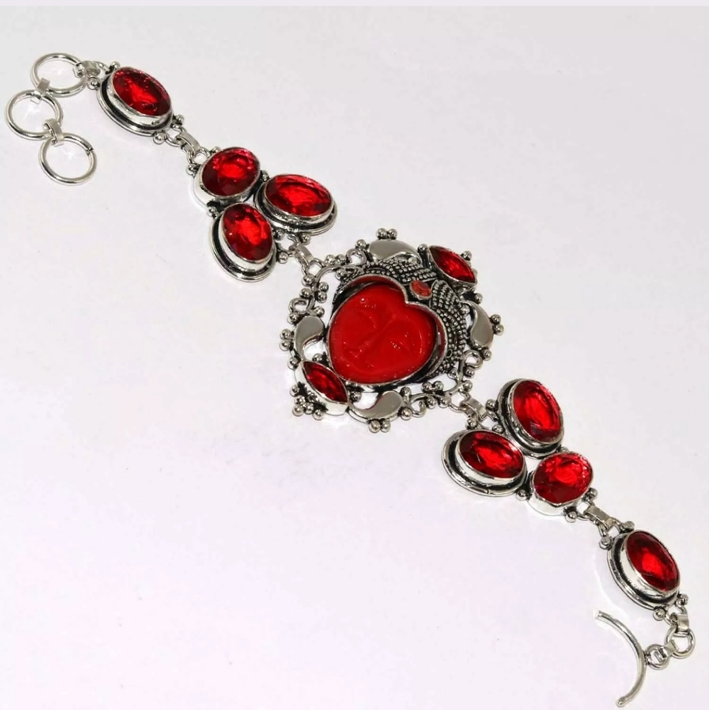 New Carved Goddess Face Garnet 925 Silver Bracelet.